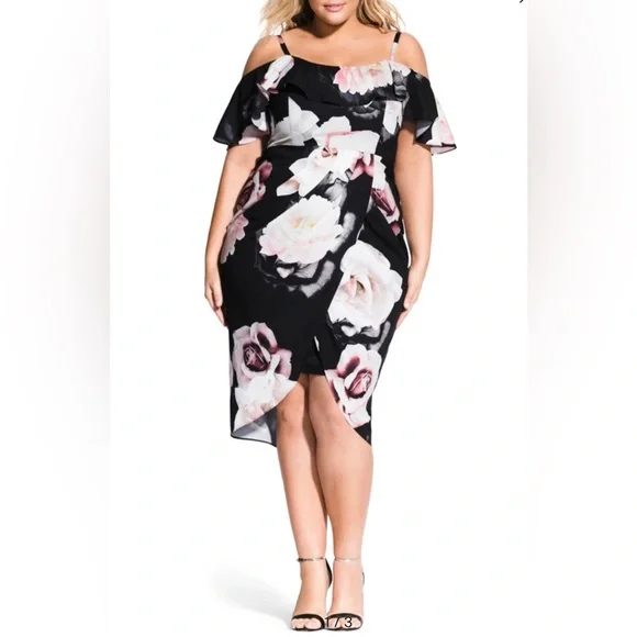 City Chic Cold Shoulder Dress Black Austin Floral Rose Draped Plus Size M 18 - Picture 2 of 15